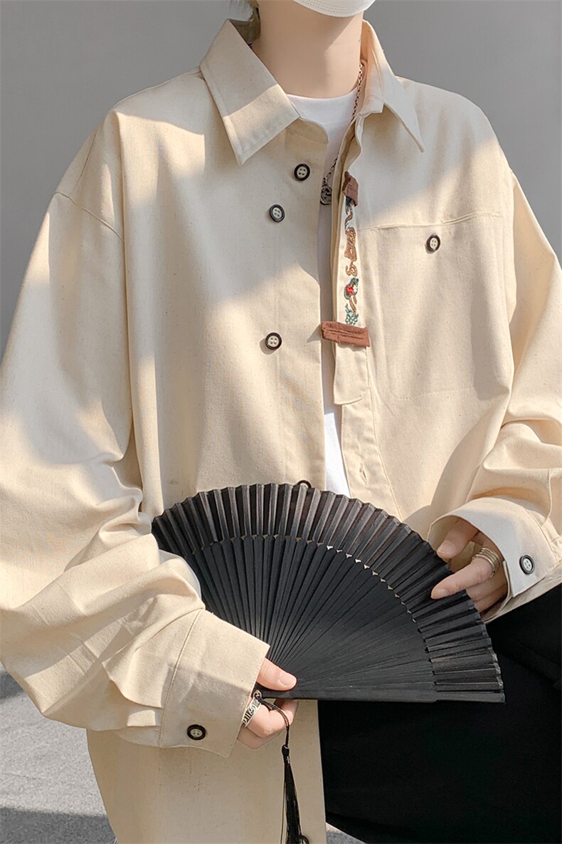 8XL-M特大码风棉麻长袖盘扣亚麻刺绣衬衫男新中式CS510P65,男装衬衫,电商D206-1