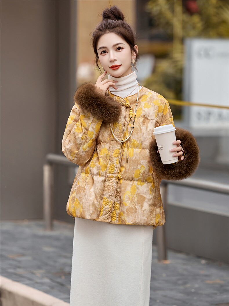 新中式90提花羽绒服2025年冬季新款高级感优雅气质白鸭外套,女装羽绒服,玖莱伊