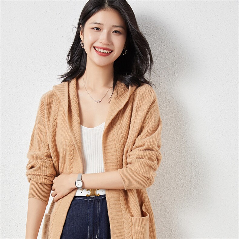 时尚百搭纯毛连帽长开衫显瘦修身黑色羊毛衫外套,女装羊毛衫,梵泰羊绒