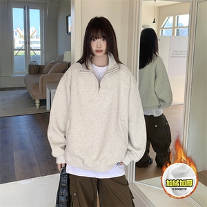 480G重磅加绒硬挺boxy男女秋冬美式高街结构半拉链立领卫衣厚外套图片