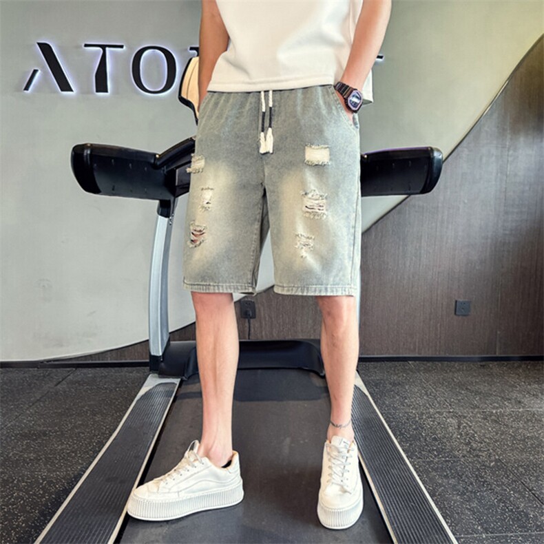 2025新款夏季水洗牛仔短裤男士破洞印花休闲五分裤潮男901N28P38,男装牛仔裤,星座901