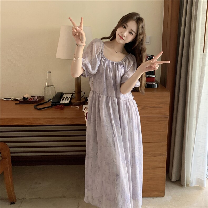 紫色纯欲风碎花显瘦连衣裙女2025夏季新款海边度假风超好看长裙子,女装连衣裙,2C159