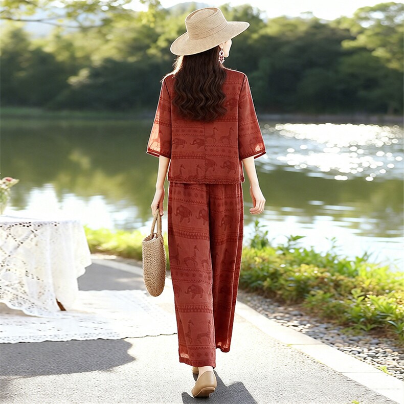 芷墨夏季新款2026休闲复古气质宽松套装两件套通勤百搭松弛套装女,女装套装/套裙,芷墨服饰