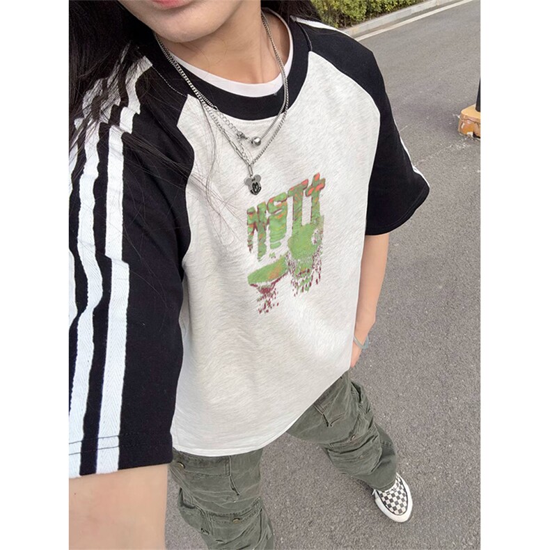 抖音得物品质二开240克宽松纯棉美式潮牌插肩三杠织带短袖T恤图片