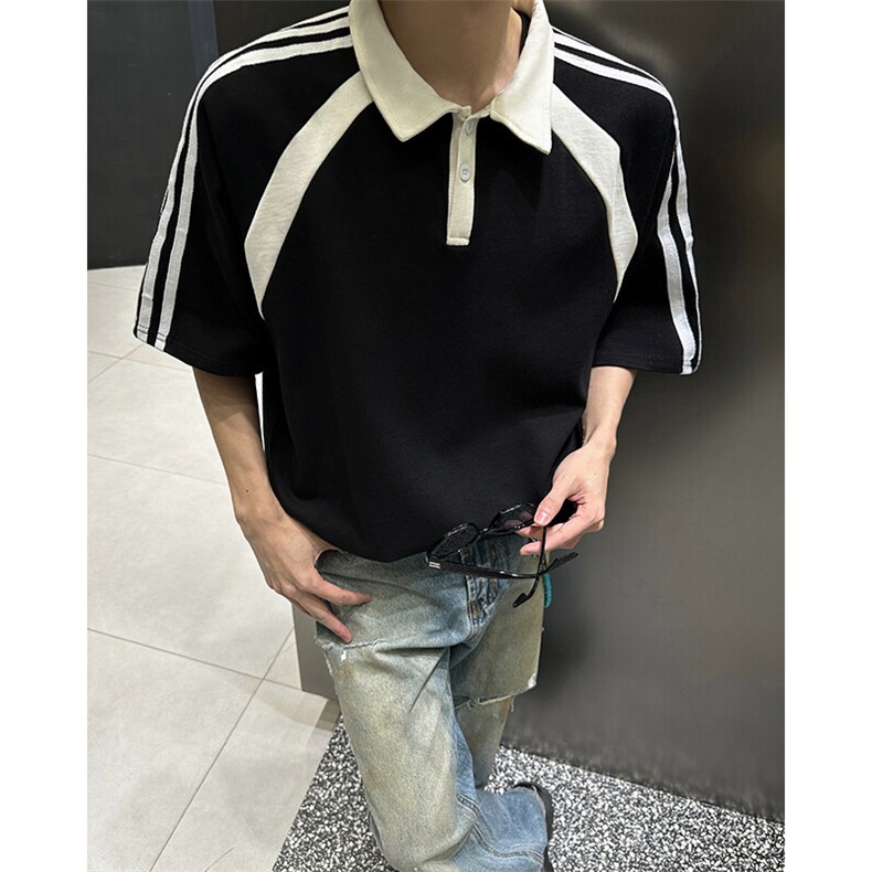 得物抖音高品二开240克纯棉美式高街痞帅翻领POLO织带短袖T恤,男装T恤,电商A486-1