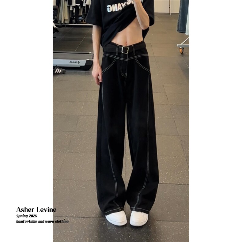 网图现货辑明线轮廓设计黑色牛仔裤男女同款阔腿直筒裤RB924-P58,男装牛仔裤,星座1005-4