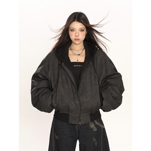 美式复古重磅双层假两件连帽皮夹克情侣飞行服310A-4-B965-P93图片