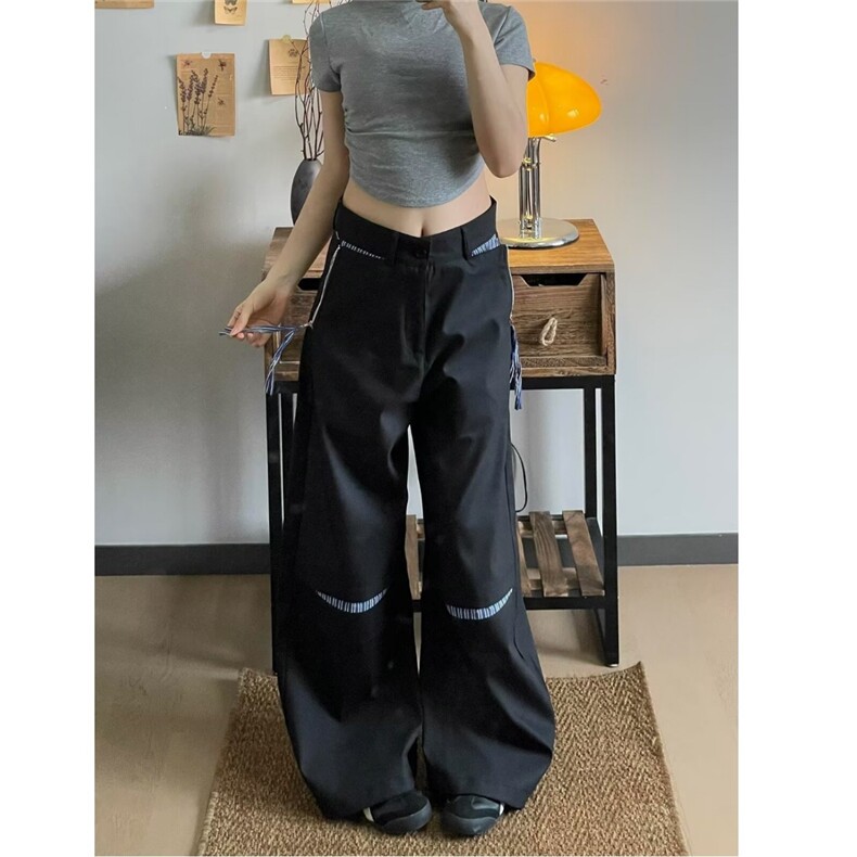 破口拼接条纹设计弯刀裤男女学院风美式高街半松紧微喇黑色西裤,男装西裤,星座506A