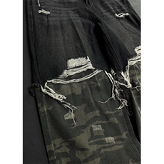 小众迷彩拼接阔腿牛仔裤男春秋新款美式高街宽松休闲嘻哈直筒裤子，男装牛仔裤，星座601-2