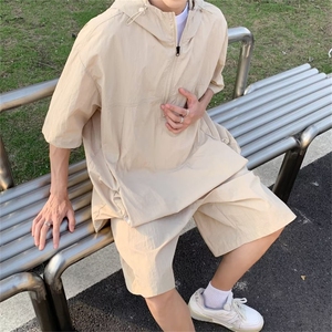F327-P56夏季潮牌连帽短袖短裤两件套宽松百搭运动套装男现货