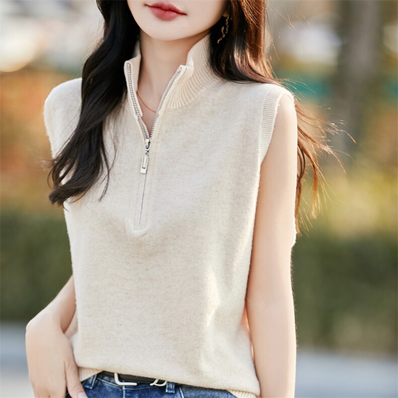 2025春秋新款羊毛马甲女高领半拉链加厚宽松毛衣坎肩上衣，女装马甲，哲奥羊绒