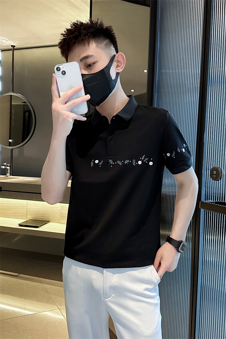 抖音2025夏季短袖T恤翻领小花刺绣翻领Polo衫T0264-P48,男装T恤,电商D342