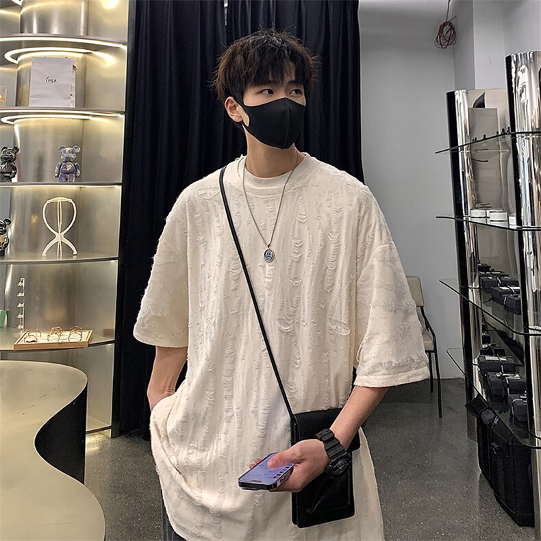 高级感小众时尚潮搭上衣文艺撕裂风不规则个性T恤HY301TP35控48,男装T恤,电商A102B