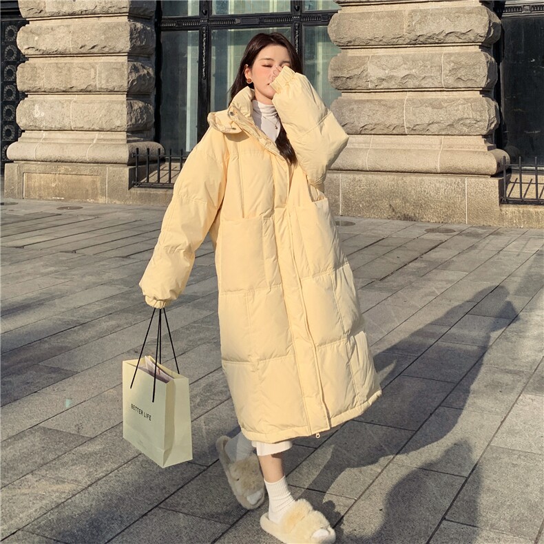 黄色连帽长款羽绒服女冬2025新款气质温柔风90白鸭绒面包服外套,女装羽绒服,2C122