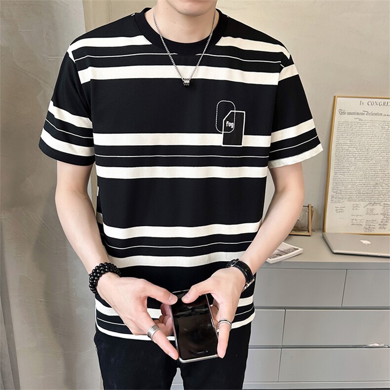 夏季男士圆领条纹短袖T恤店主风休闲宽松t恤黑B338-T811-P38,男装T恤,电商B338