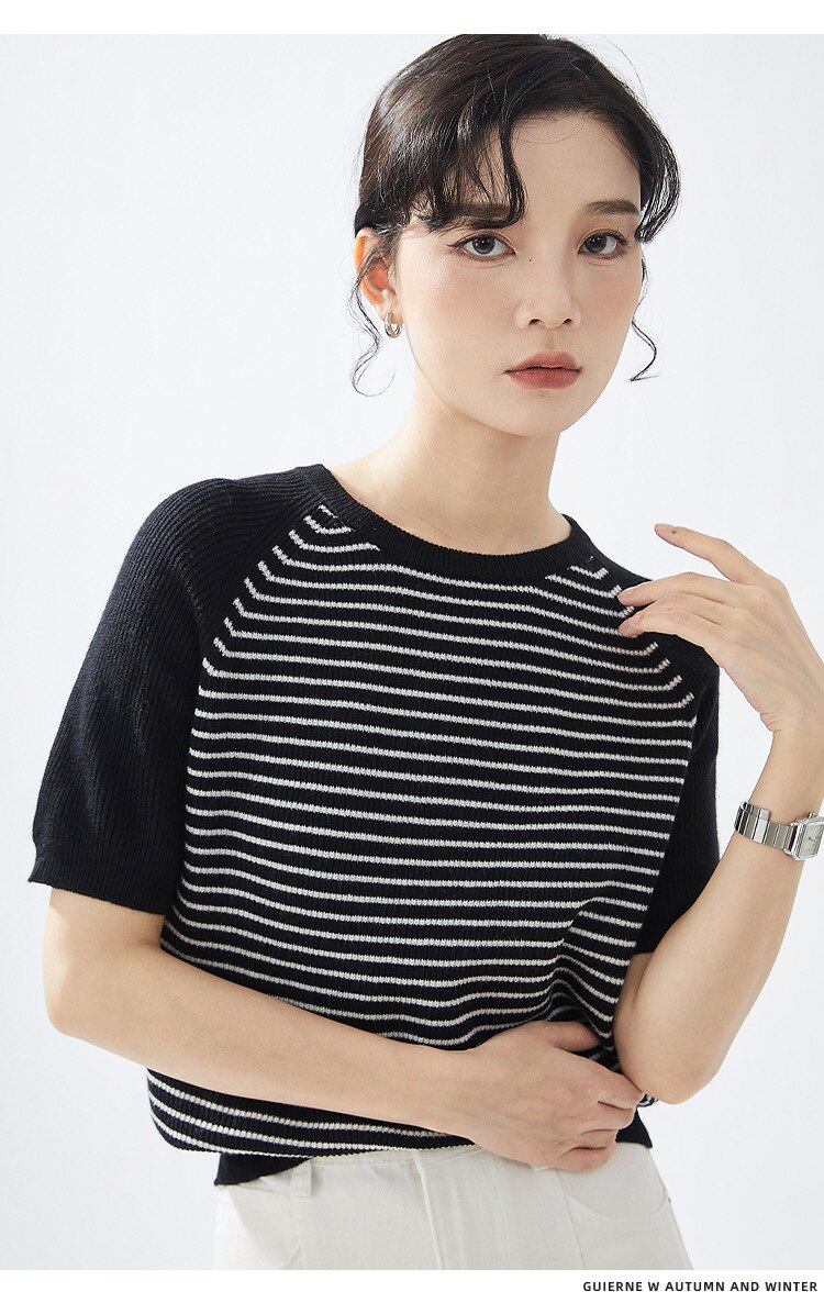 2025春夏条纹针织衫精纺羊毛短袖女宽松显瘦插肩,女装T恤,德聚羊绒