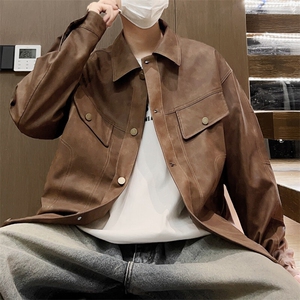 春季翻领皮夹克按扣男士休闲外套潮上衣机车青年A266-PY009-P100图片