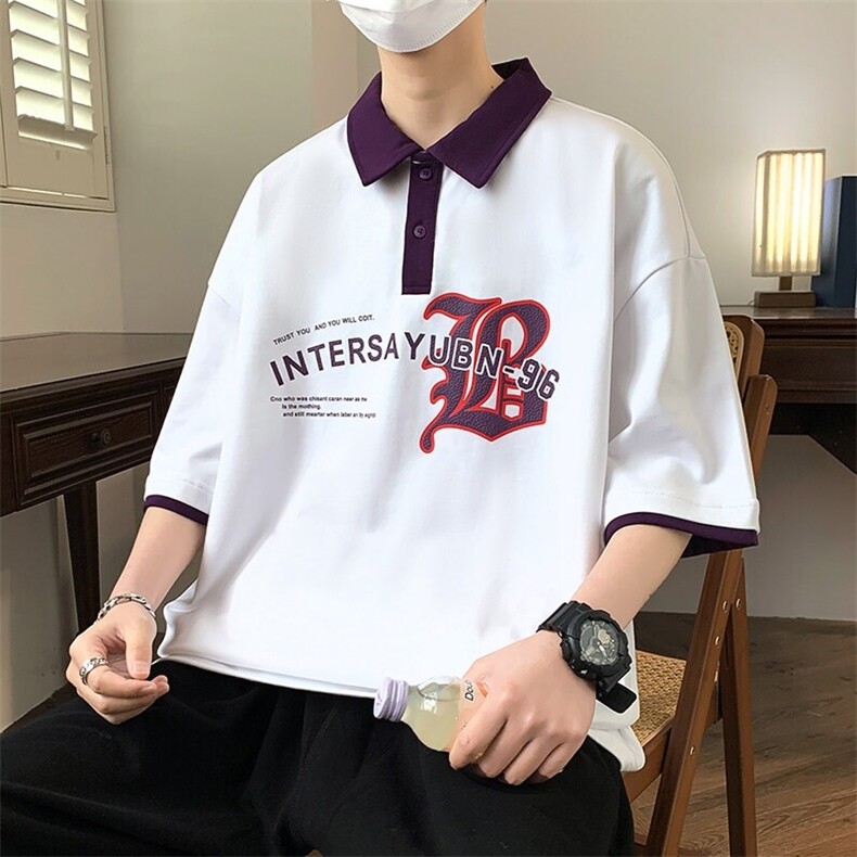 84062-P40拼接夏季男潮流宽松港风短袖T恤五分袖翻领衫t恤,男装T恤,电商D310B