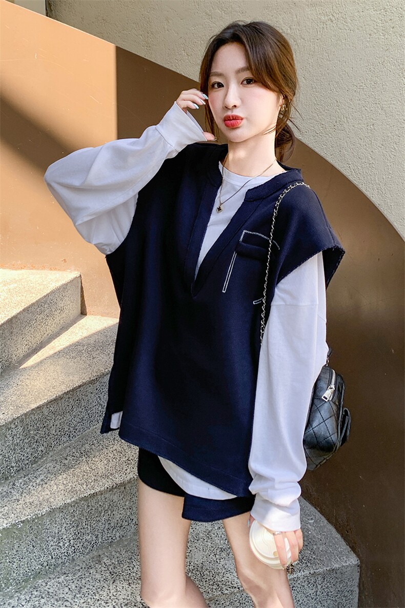 今年流行藏青色休闲套装女早秋2025新款慵懒风百搭马甲短裤三件套,女装套装/套裙,韩蜜菓