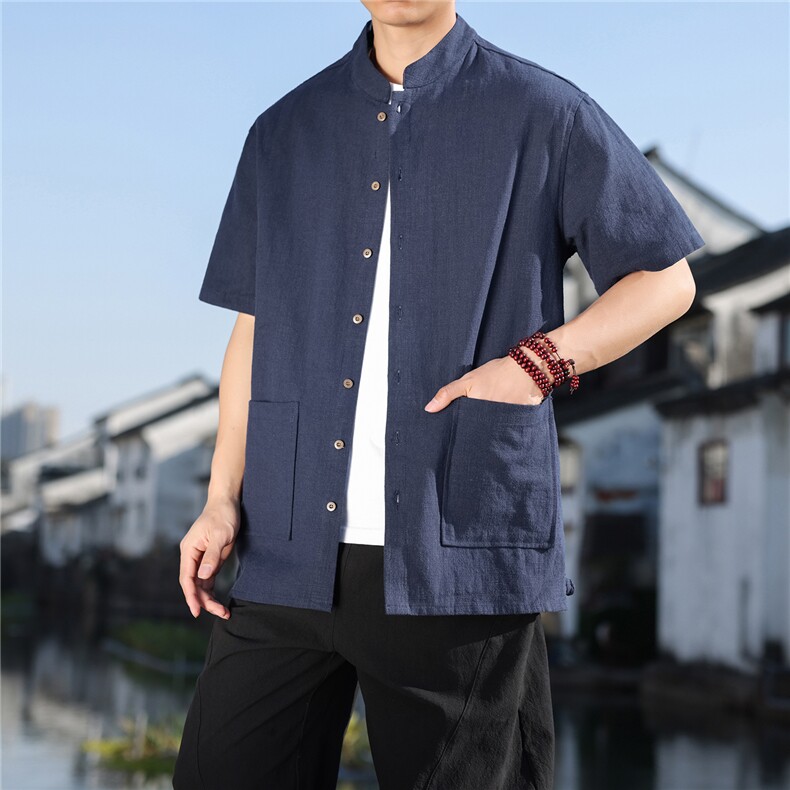 2026夏季新款风盘扣纯色休闲宽松大码苎麻T恤CS2606,男装T恤,电商A008