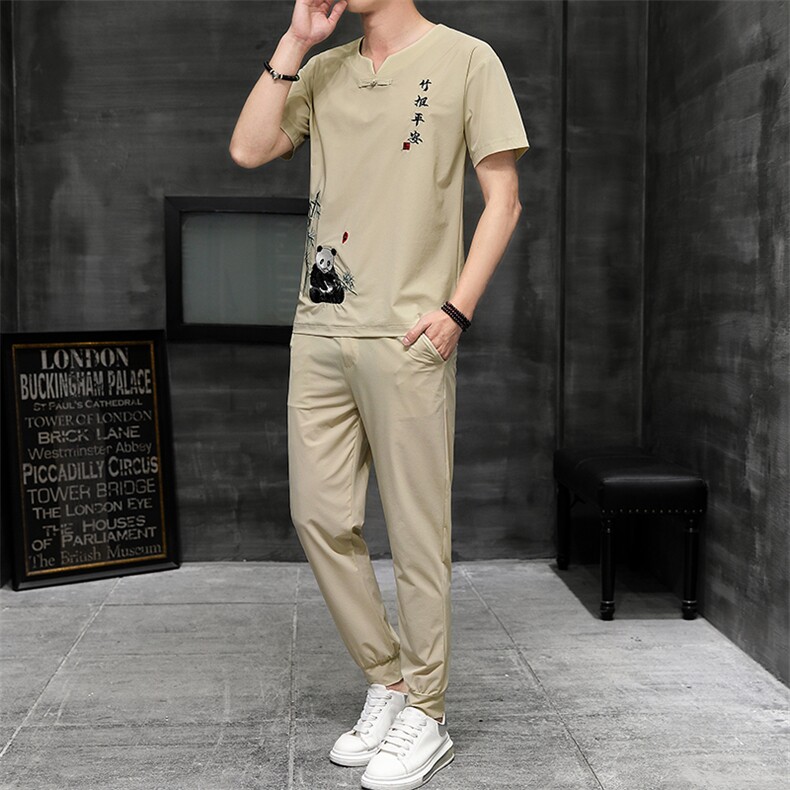 风刺绣短袖T恤套装男士大码宽松长裤男休闲复古潮HO15331-P58,男装休闲套装,星座1105-3