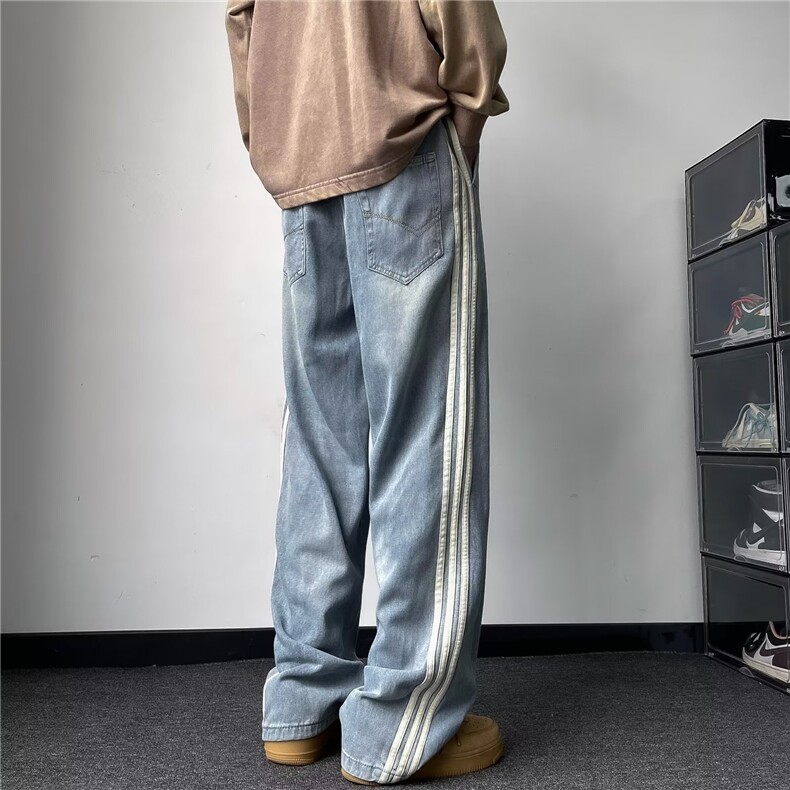 复古直筒牛仔裤男美式条纹阔腿裤高街垂感宽松休闲裤潮N8348-p45,男装牛仔裤,星座1008
