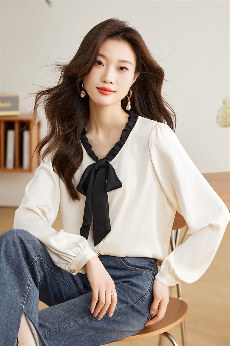 2024新款气质淑女长袖衬衫优雅百搭显瘦上衣,女装衬衫,采品优优
