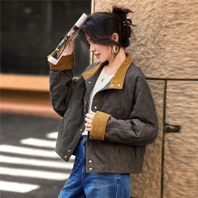 2025年冬季灯芯绒撞色翻领拼接夹棉棉服短外套棉衣,女装棉衣/棉服,简韵佳