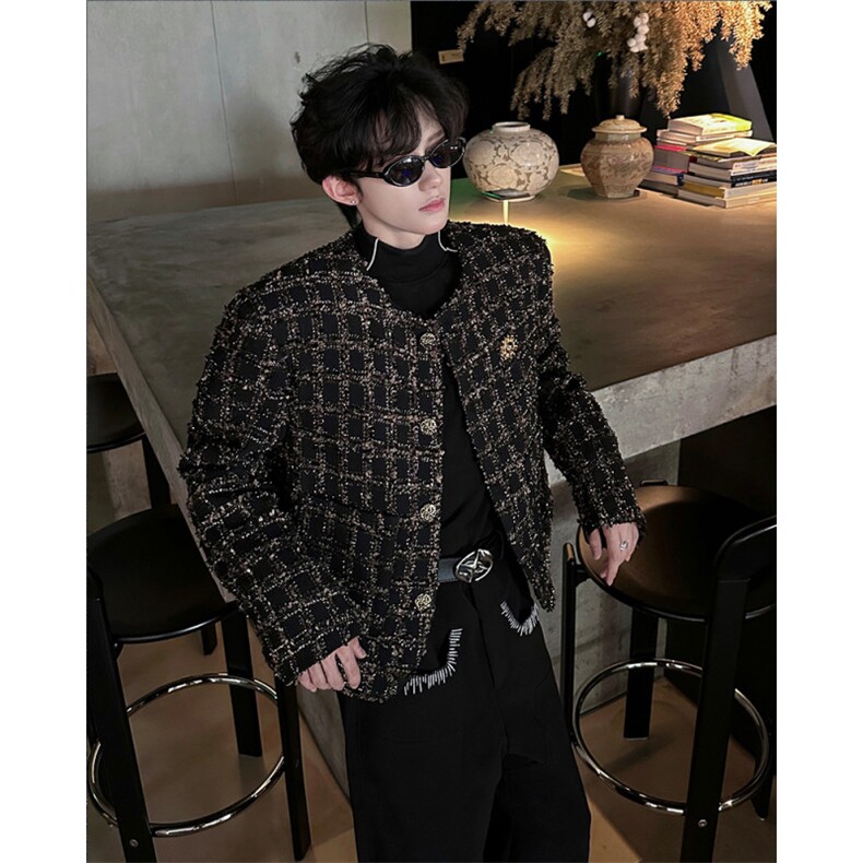 现货25秋冬男士设计感亮片胸针夜店小香风毛呢外套XXF30-P168,男装毛呢大衣,电商B288