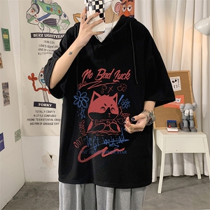 LD54226-P45 连帽短袖t恤男大码胖子带帽五分袖中袖图片