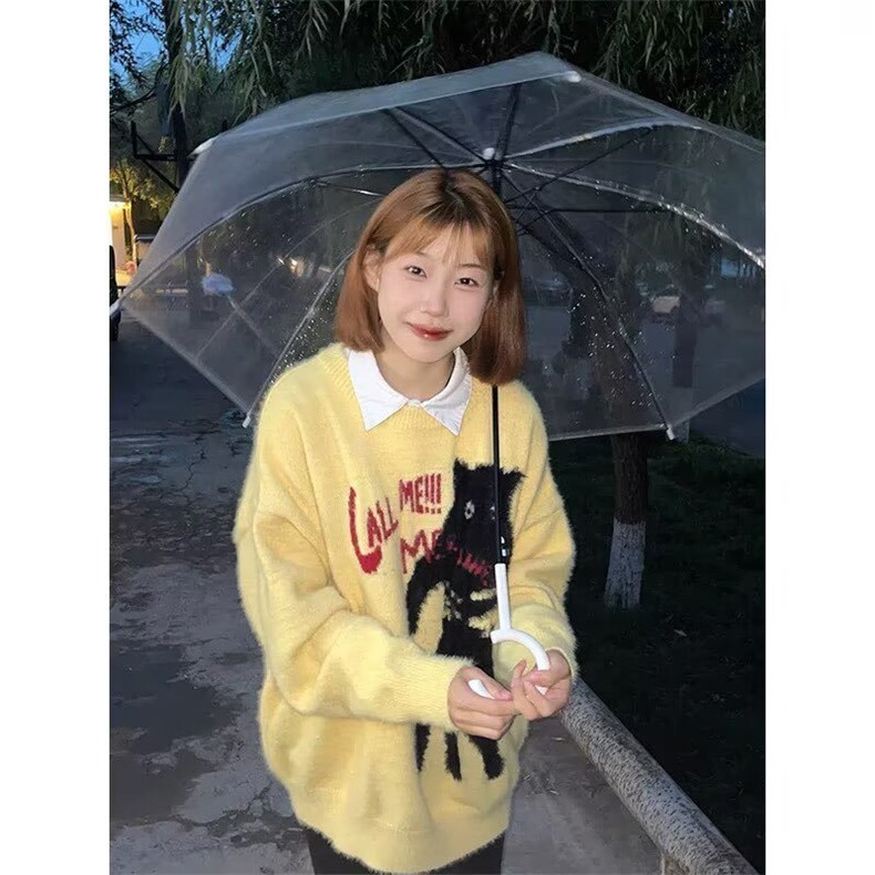 2025秋冬慵懒风猫咪提花复古拼接针织衫毛衣女休闲内搭外穿上衣,男装针织衫/毛衣,星座601-1