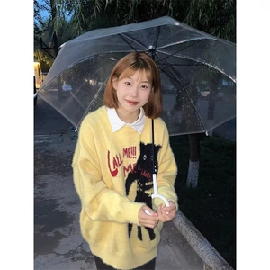 2025秋冬慵懒风猫咪提花复古拼接针织衫毛衣女休闲内搭外穿上衣图片