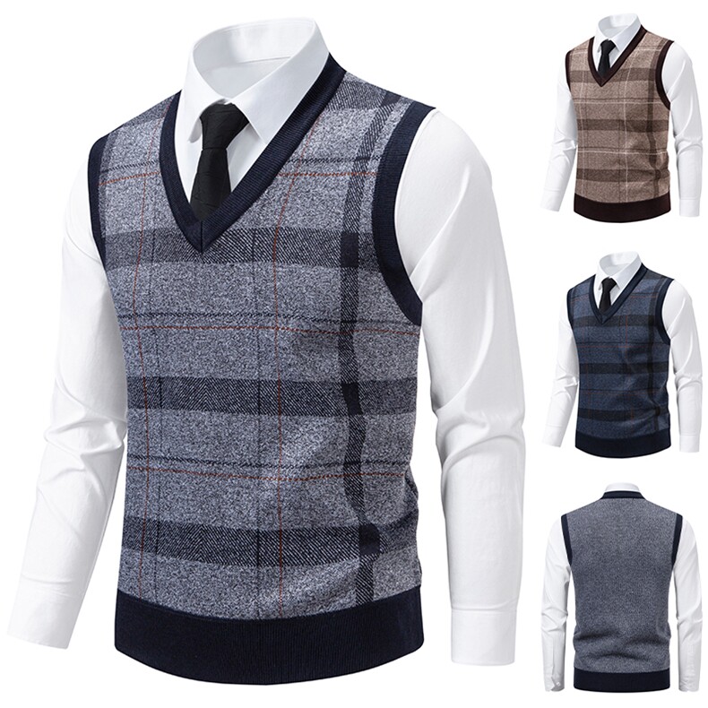 秋冬季加绒休闲爸爸装格子马甲套头宽松中老年款坎肩毛衣背心M20，男装针织衫/毛衣，星座1706