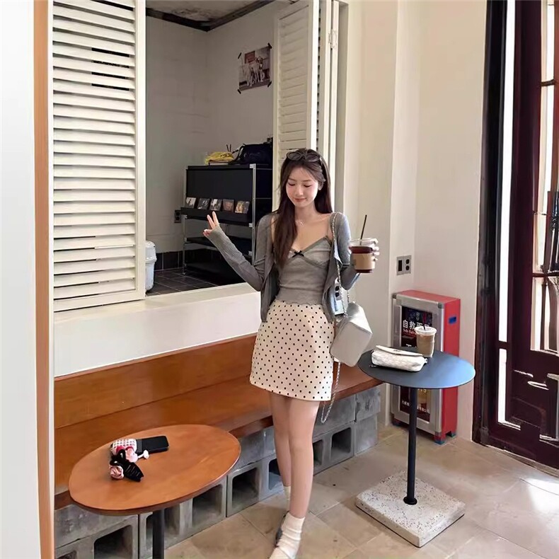 包臀裙少女波点杏色半身裙女通勤百搭高腰显瘦小个子a字西装短裙,男装西服套装,星座1210-1