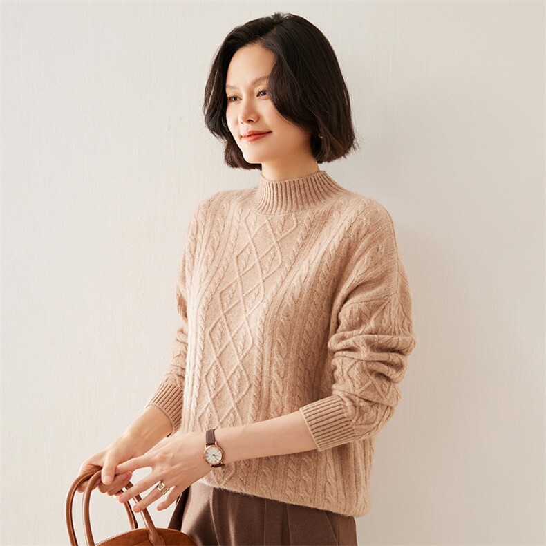 2024秋季新款女士绞花半高领长袖短款套头35%羊绒衫，女装羊绒衫，澳煜绒