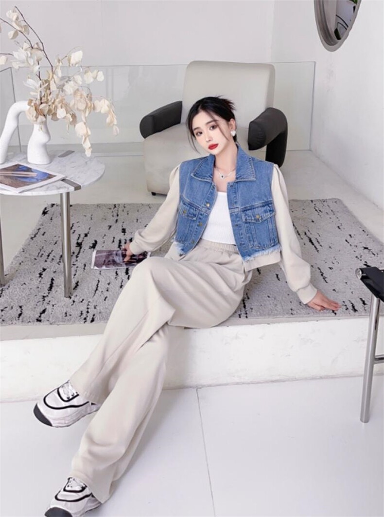 超美牛仔拼接款套装，女装职业装，贻思茗