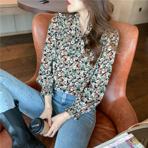 2021早秋装新款碎花衬衫女设计感小众系带上衣立领长袖雪纺衫，女装蕾丝衫/雪纺衫，潮品会