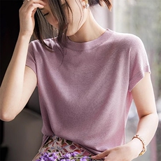 春夏新款银丝短袖T恤女圆领宽松百搭半袖套头针织打底衫上衣体恤，女装T恤，奢优羊绒