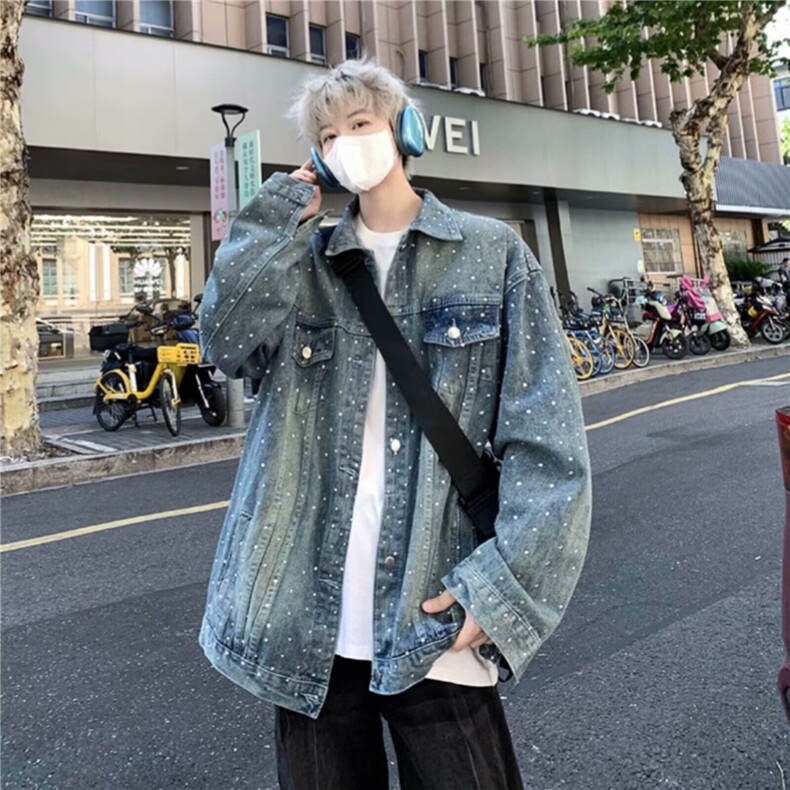 亮片牛仔外套男春秋季工装夹克潮牌翻领上衣网图7255-P108,男装工装外套,星座1001-1