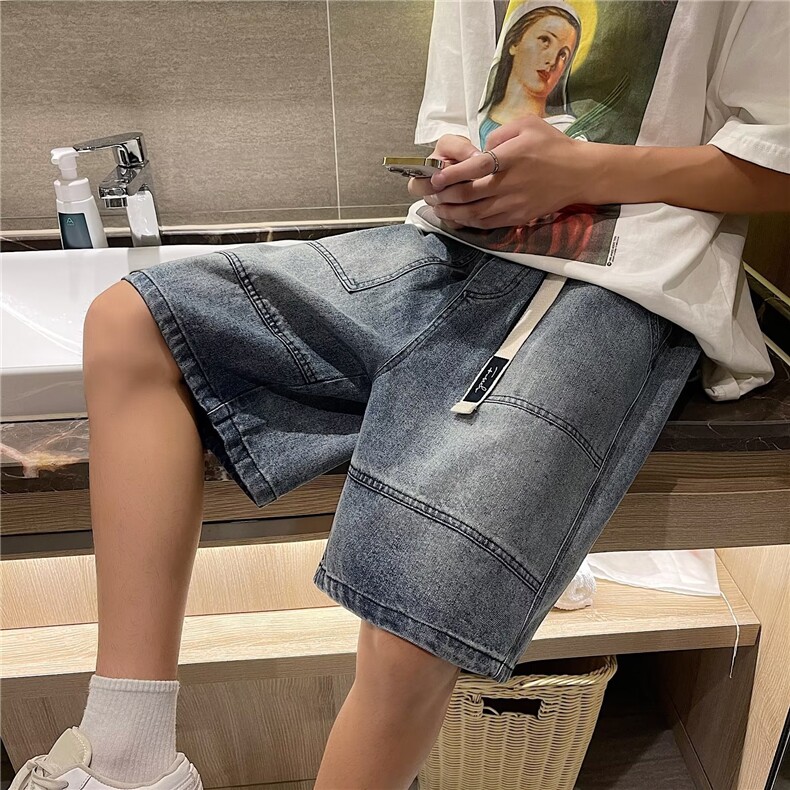 复古水洗牛仔短裤男夏季薄款潮牌痞帅工装五分裤复古休闲中裤,男装牛仔裤,星座601-2