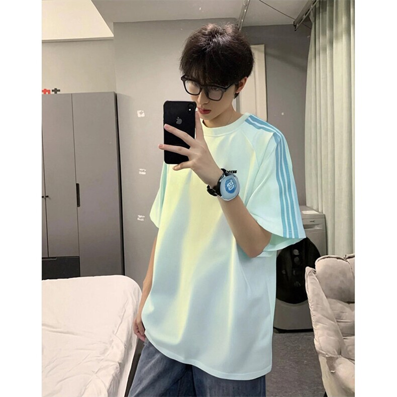 抖音得物品质二开240克宽松纯棉美式潮牌印花三条杠中性风短袖T恤,男装T恤,电商A486-1