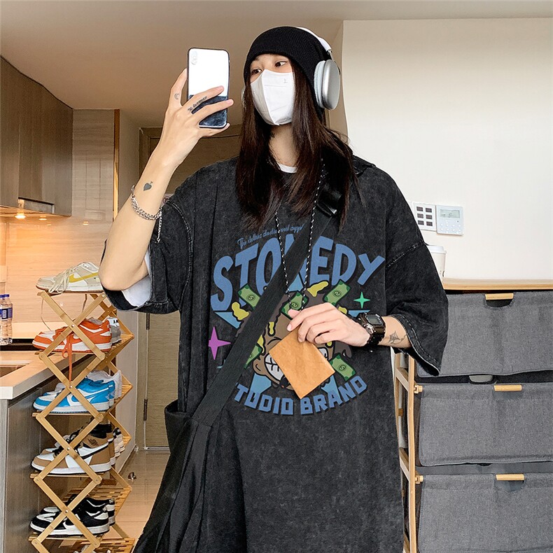 中性风水洗做旧卡通印花短袖男女学院风港风ins潮流夏装T恤,男装T恤,电商C306-1