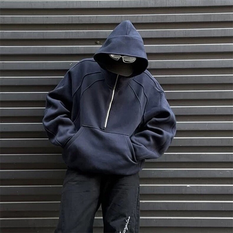 抖音得物二开美式重磅宽松结构拉链设计防风高领连帽卫衣外套W76,男装卫衣,电商A486-1
