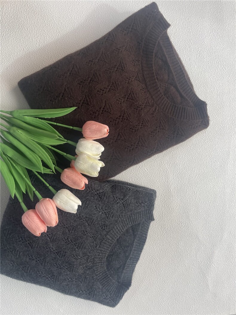 2025新款圆领镂空时尚长袖，女装针织衫/毛衣，初韵羊绒