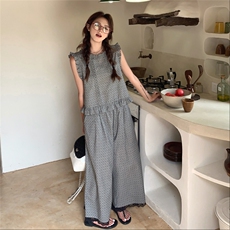 灰色减龄木耳边波点背心阔腿裤套装女2025夏新款韩系小个子两件套，女装套装/套裙，2C120
