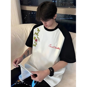 抖音得物高品质二开240克宽松纯棉美式潮牌插肩袖拼接短袖T恤图片