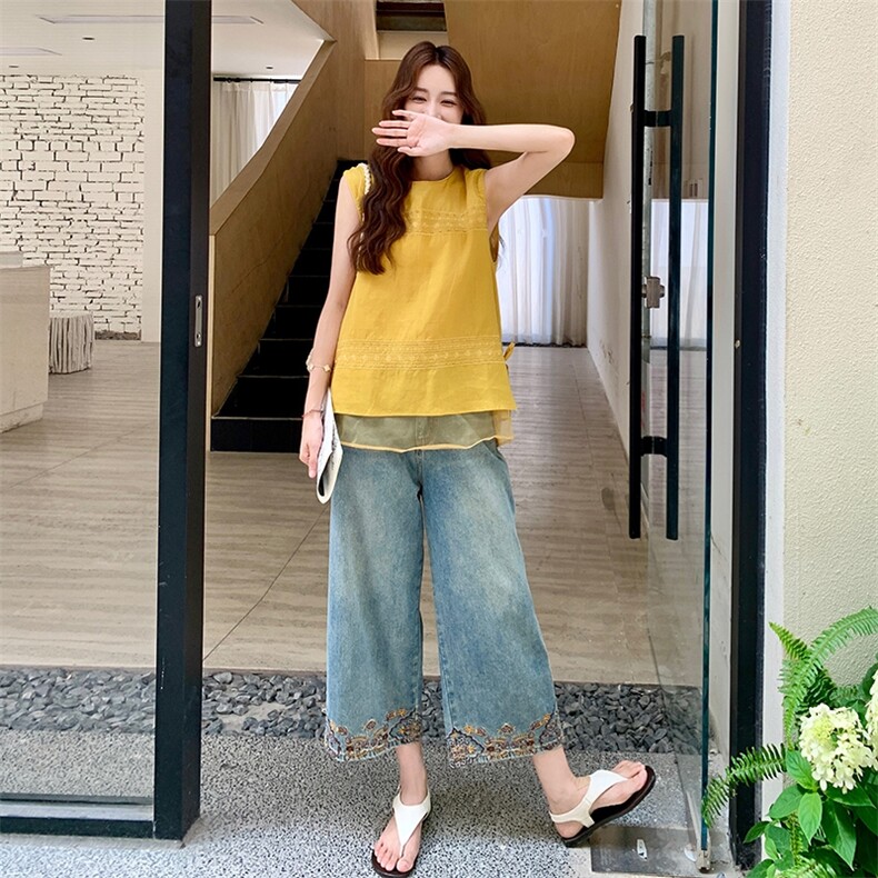 新中式国风牛仔阔腿裤套装女2025年夏季新款刺绣牛仔裤上衣两件套,女装休闲裤,2D014