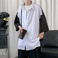 新款夏季禁欲风短剧拼接男士撞色短衬衫A071-C12-P35（控58），男装衬衫，电商A071