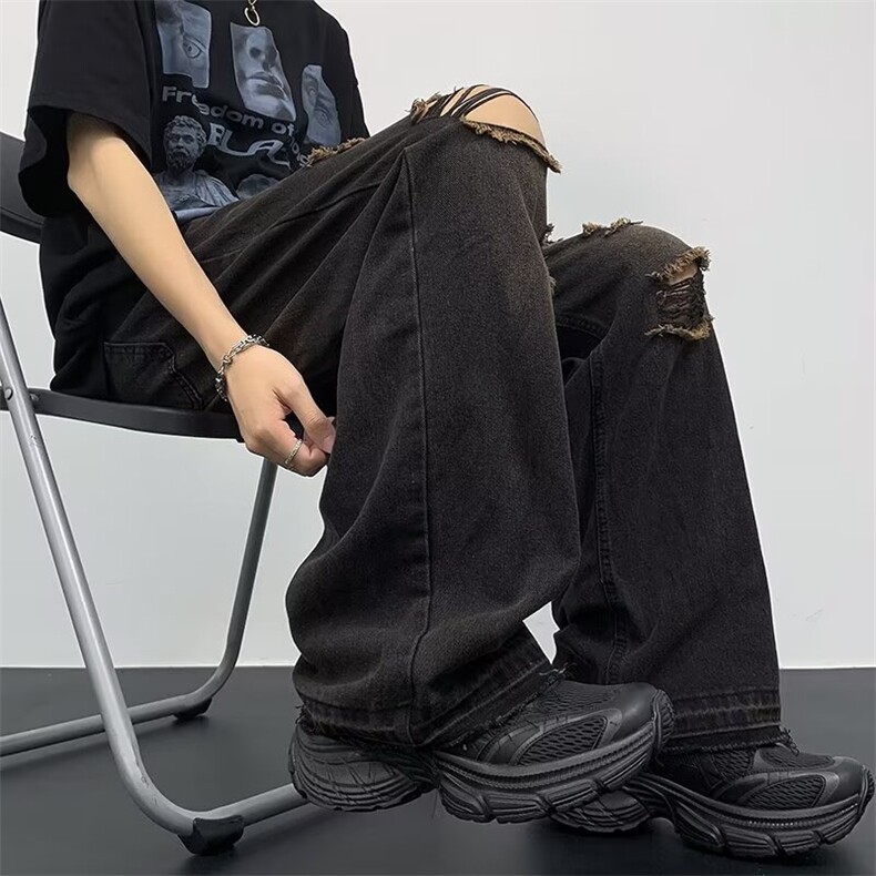 复古高街破洞牛仔裤子男直筒裤子宽松毛边长裤N6158,男装牛仔裤,星座1116A-1（原606A）