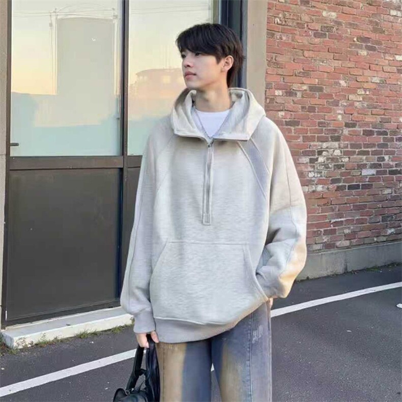抖音得物二开 美式重磅宽松结构拉链设计防风高领连帽卫衣外套W76图片